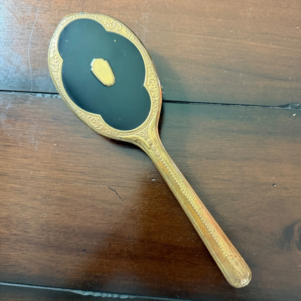 Vintage Gold Tone Ornate Hair Brush Black Inlay Shield Cartouche Vanity Decor